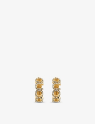 GUCCI: Logo-script crystal-embellished antique gold-toned metal earrings