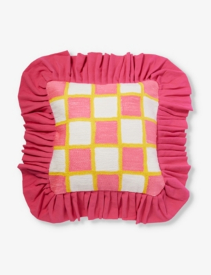 WAVEY CASA: Checked ruffled-trim cotton cushion cover