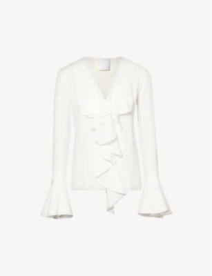 GIVENCHY: V-neck ruffle-trim silk blouse