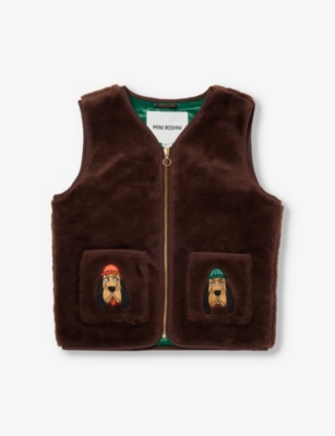 MINI RODINI: Bloodhound-embroidered patch-pocket faux-shearling gilet 3-9 years