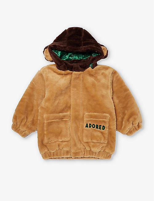 MINI RODINI: Slogan-embroidered hooded faux-shearling jacket 18 months - 9 years