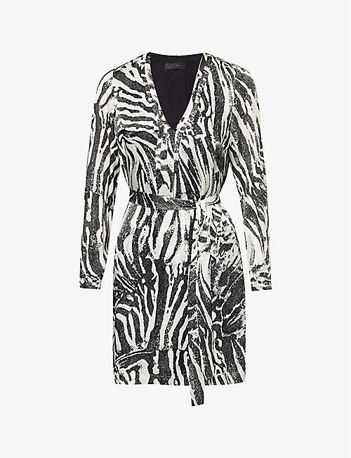 IKKS: Zebra-print long-sleeve silk-blend midi dress