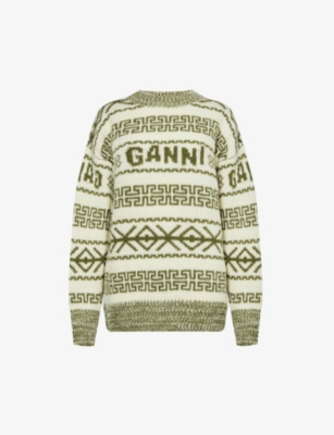GANNI: Geometric-print relaxed-fit organic-wool jumper
