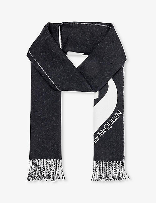 ALEXANDER MCQUEEN: Logo-embellished fringed wool scarf