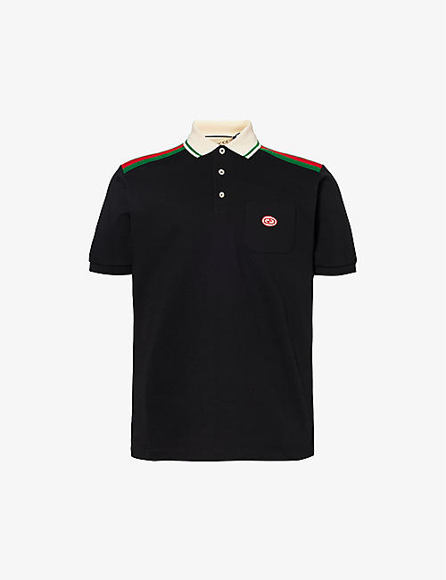GUCCI: Brand-appliqué striped-trim cotton-jersey polo shirt
