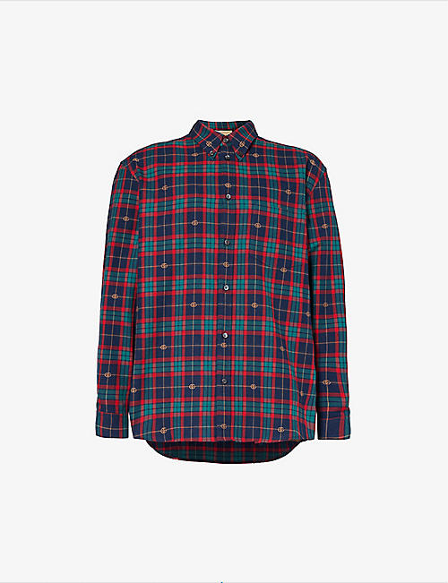 GUCCI: Checked brand-embroidered cotton shirt