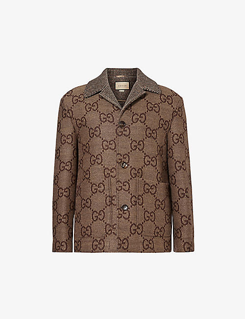 GUCCI: Monogram-pattern wide-collar wool jacket