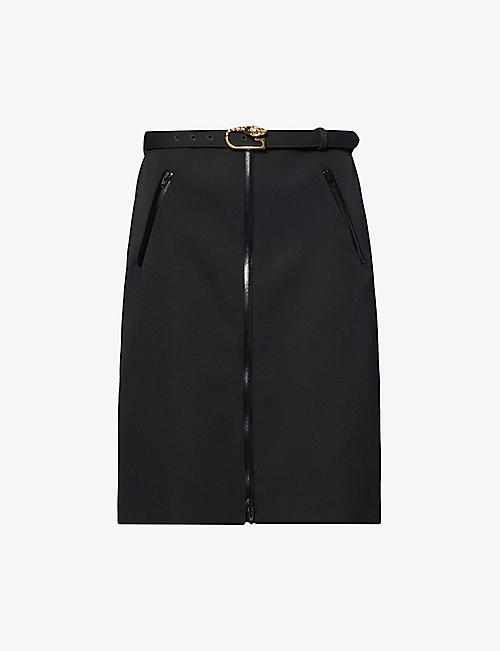 GUCCI: Detachable-belt mid-rise slim-fit stretch-wool midi skirt