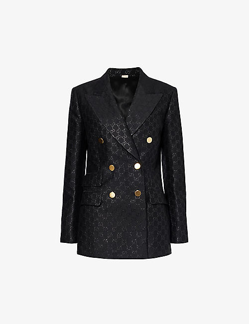 GUCCI: Double-breasted monogram-pattern wool-blend blazer