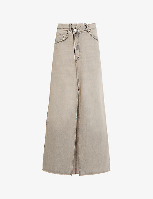 ALLSAINTS: Noir crossover-waist high-rise denim maxi skirt