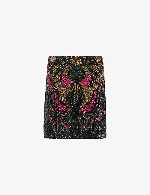 ALLSAINTS: Jamilia sequin-embroidered butterfly woven mini skirt