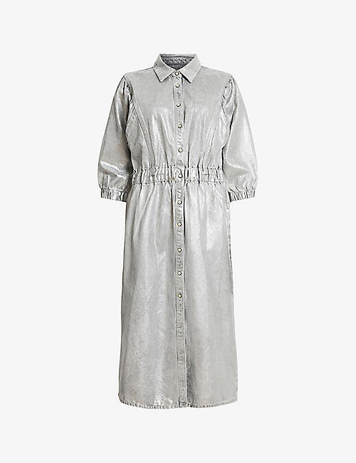 ALLSAINTS: Osa elasticated-waist metallic denim midi dress