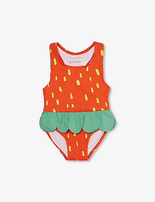 STELLA MCCARTNEY: Strawberry-print ruffle-trim recycled-nylon swimsuit 6-36 months