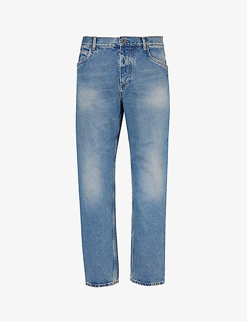BALMAIN: Brand-embroidered faded-wash straight-leg jeans