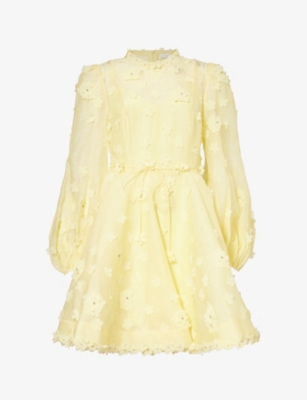 ZIMMERMANN: Floral-appliqué crystal-embellished linen and silk-blend mini dress