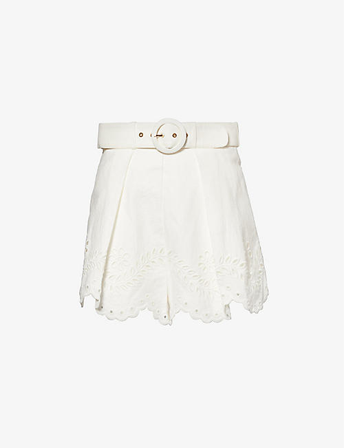 ZIMMERMANN: Scalloped-trim embroidered-panel high-rise linen shorts