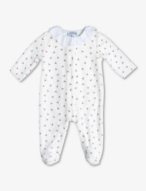 TROTTERS: Floral-print frill-collar velour babygrow 0-9 months