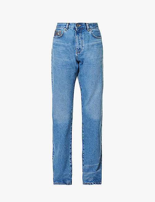 VERSACE: Faded-wash belt-loop straight-leg mid-rise jeans