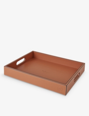 MULBERRY: Logo-embossed leather and wood tray 45cm