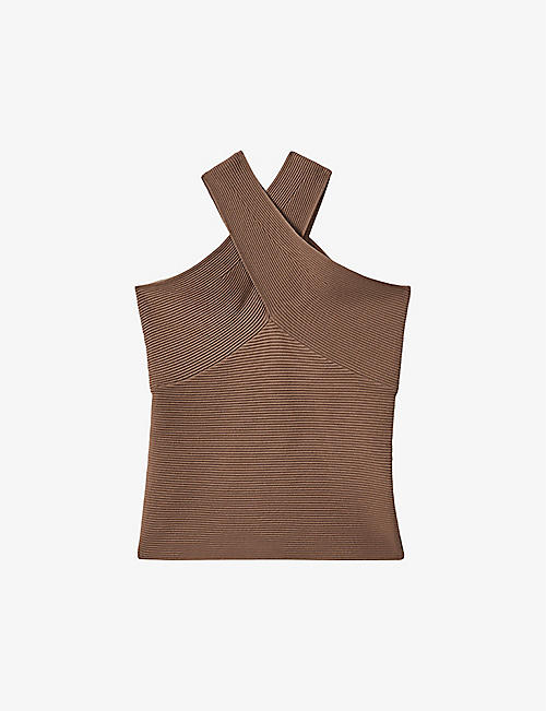 REISS: Darla cross-neck stretch-knit top