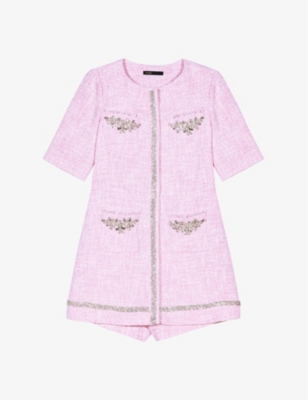 MAJE: Rhinestone-embroidered short-sleeve tweed playsuit