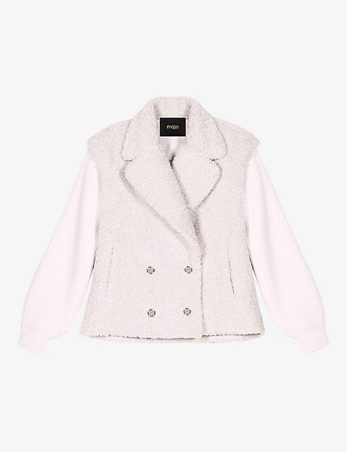 MAJE: Contrast-sleeve double-breasted teddy jacket