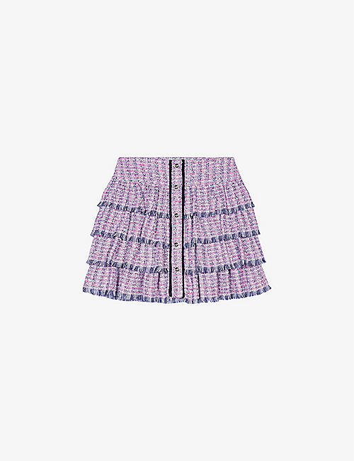 MAJE: Ruffle-trim tweed cotton-blend mini skirt
