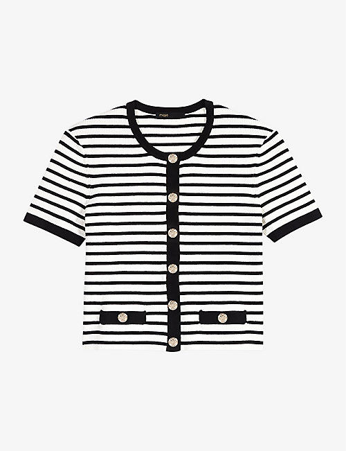 MAJE: Striped faux-pocket knitted cardigan