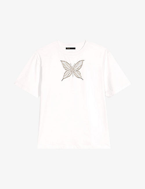 MAJE: Rhinestone-embellished butterfly cotton T-shirt