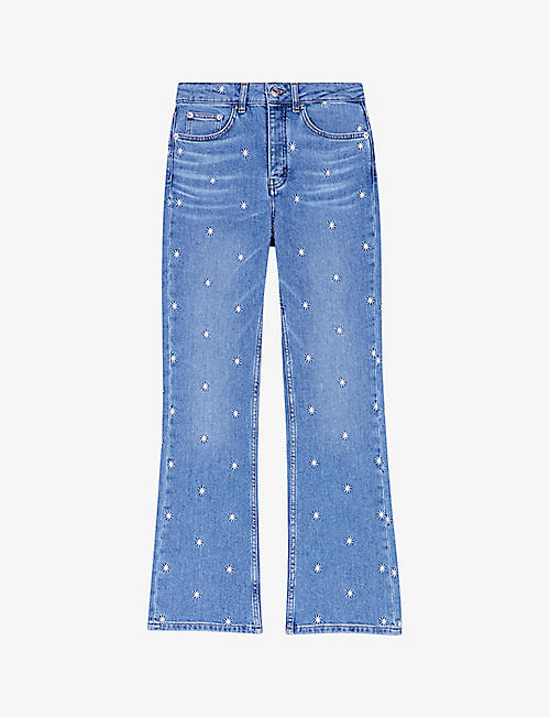 MAJE: Embroidered sun flared-leg high-rise stretch-denim jeans