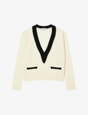 SANDRO: Contrast-trim V-neck wool and cashmere jumper