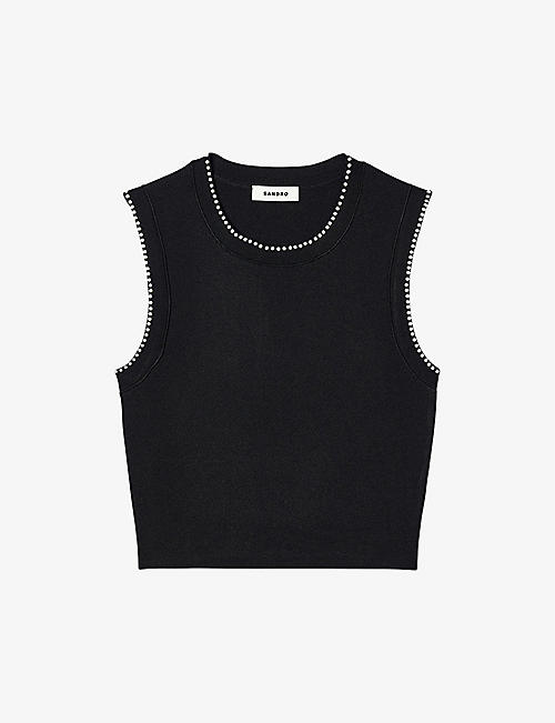SANDRO: Faux pearl-embellished sleeveless stretch-woven jumper