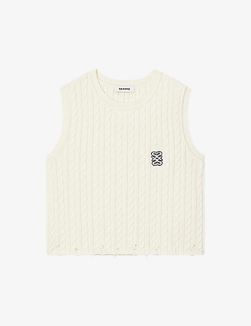 SANDRO: Logo-embroidered cable-knit cotton and wool-blend top