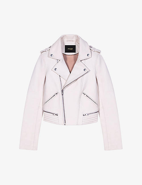 MAJE: Biker-collar slim-fit cropped leather jacket