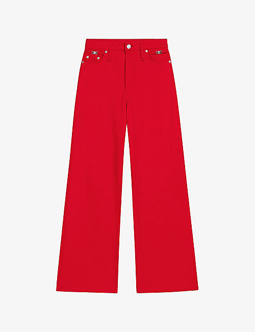 MAJE: Clover-embellished wide-leg high-rise stretch-denim jeans