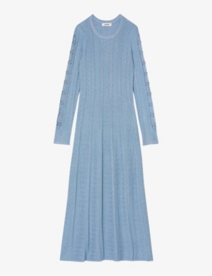 SANDRO: Eyelet-embellished long-sleeve stretch-knit midi dress