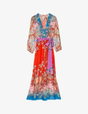SANDRO: Graphic-print wrap-front woven midi dress
