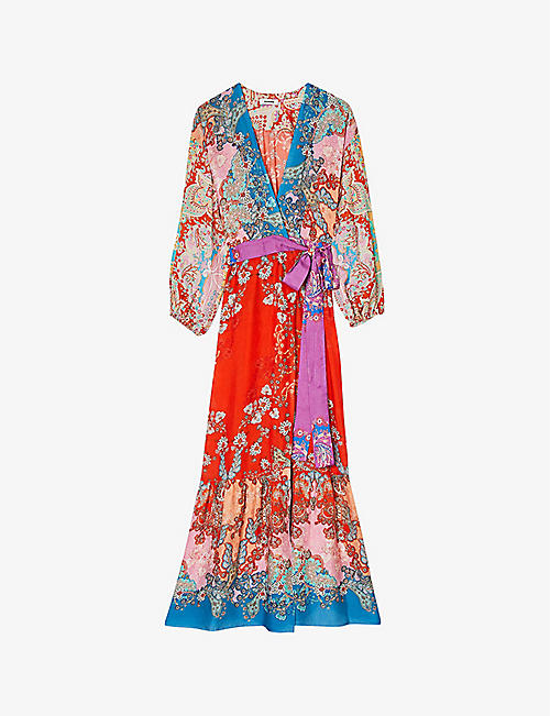 SANDRO: Graphic-print wrap-front woven midi dress