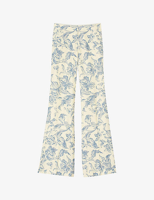 SANDRO: Floral-print high-rise linen-blend trousers
