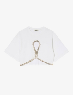 SANDRO: Rhinestone-embellished cut-out cotton T-shirt