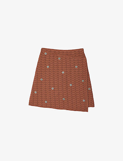 SANDRO: Crystal-embellished wrap-around knitted mini skirt