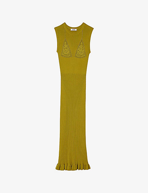 SANDRO: Triangle panel pearl-embellished knitted maxi dress