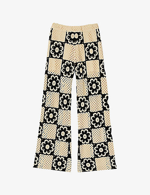 SANDRO: Flower-motif straight-leg crochet-knit trousers