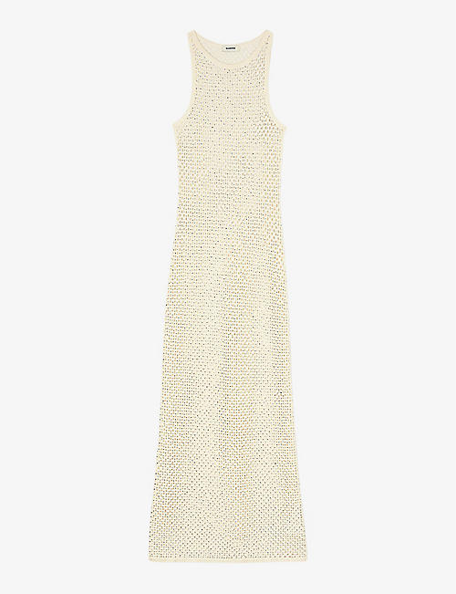 SANDRO: Rhinestone-embellished open-weave knitted maxi dress