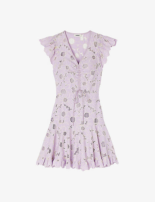 SANDRO: Floral-lace ruffle-trim woven mini dress