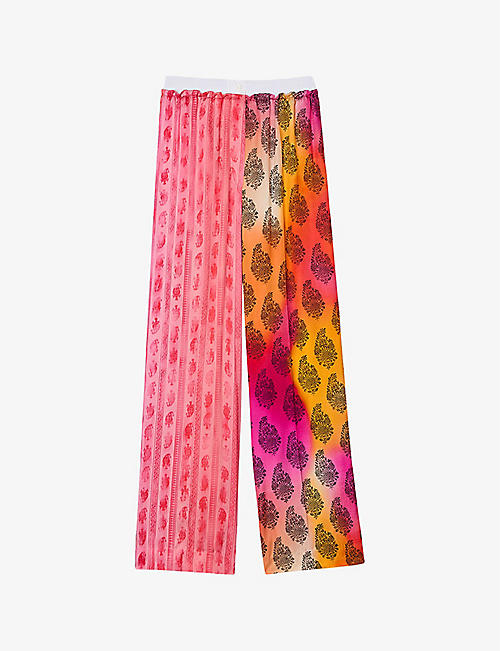 SANDRO: Dual graphic-print wide-leg mid-rise woven trousers
