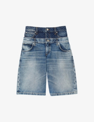 SANDRO: Double-waistband crystal-embellished denim shorts