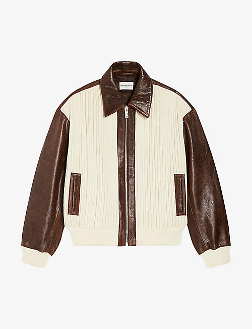 CLAUDIE PIERLOT: Contrast-trim leather and knit-rib bomber jacket