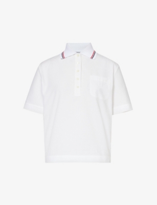 THOM BROWNE: Striped-trim seersucker-texture cotton polo shirt