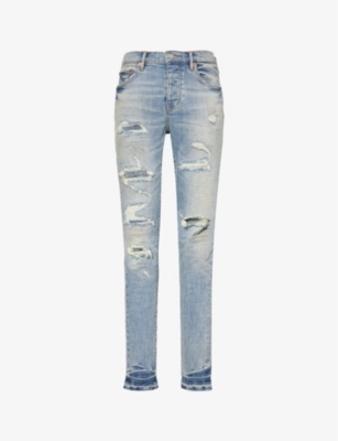PURPLE BRAND: Distressed slim-fit slim-leg stretch-denim jeans